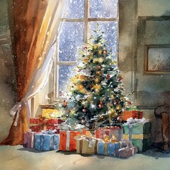 Softly lit Christmas interior scene with decorated tree, stacked gifts, and falling snow outside, watercolor illustration