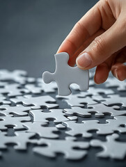 A close-up of a businessman holding a jigsaw puzzle, illustrating a business cooperation strategy concept.