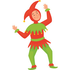 Joyful Jester Character in Red and Green Costume Dancing Happily with Arms Raised on Transparent Background Simple Flat Design Style