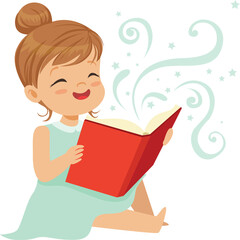 Joyful Little Girl Reads A Book With Magical Swirls And Stars Emerging From Its Pages Isolated On A Transparent Background