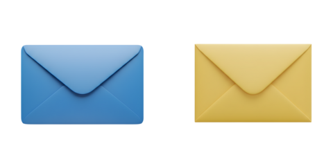 Two closed envelopes one blue one yellow isolated on transparent background