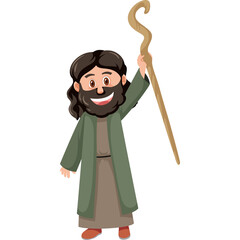 Joyful Man With Brown Hair And Beard Wearing A Green Robe And Holding A Wooden Staff