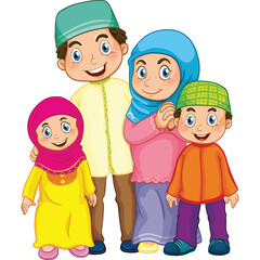 Joyful Muslim Family Posed Together Wearing Traditional Islamic Clothing with Bright Colors and Smiling Expressions on Transparent Background