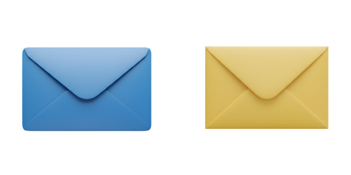 Two closed envelopes one blue one yellow isolated on transparent background