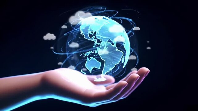Human Hand Holding Holographic Mini Earth &mdash; Futuristic Eco Technology Concept
