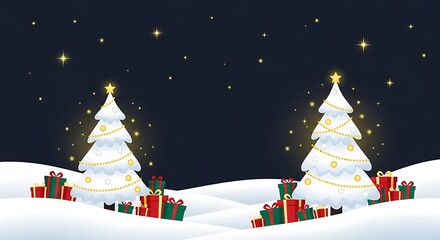 night Christmas illustration showing two trees covered in soft snow and twinkling ornaments