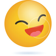 Joyful yellow smiley face with closed eyes and wide open mouth showing red tongue against a clean white background with subtle shadow