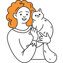 Joyful Woman With Orange Curly Hair Holding A White Cat In A Simple Line Drawing Style With A Transparent Background.