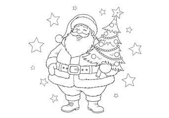 Santa Claus Coloring Page Festive Christmas Tree and Starry Holiday Scene for Creative Fun