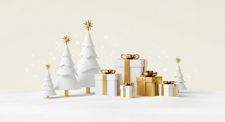 Christmas composition showing stylized white trees with gold star toppers