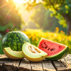 Sliced watermelon and cantaloupe on rustic wood, sunlit garden backdrop