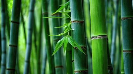 Obraz premium Tall bamboo stalks stretch towards the sky complemented by vibrant green leaves.