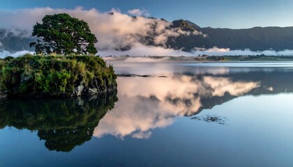 Serene sunrise over calm lake, solitary tree on small island, perfect reflection in still water, misty mountains in background