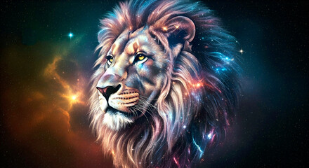 The Leo zodiac sign shines against a colorful starry night sky. A majestic lion symbol for astrological calendars and horoscope illustrations.