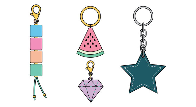 Cute keychains vector set of geometric and fruit shaped keychains