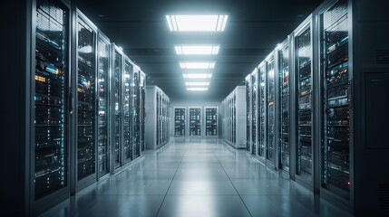 Immersive modern server room filled with glowing racks of technology, representing innovation and data storage.