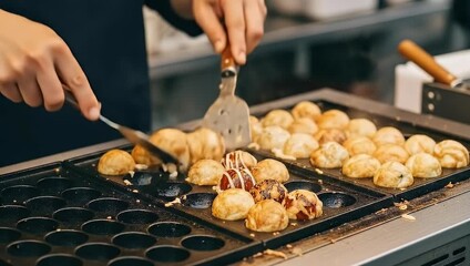 Cooking Takoyaki: Close-Up of Japanese Street Food Being Prepared on Grill