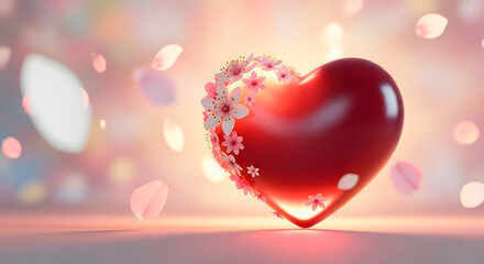 A red heart adorned with flowers floats among petals against a backdrop of soft festive light. Romantic design, greeting card for Valentine's Day, birthday.