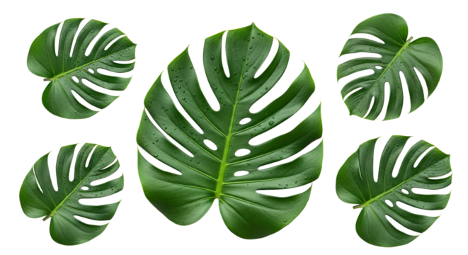 Collection of Five Green Monstera Leaves Isolated on White Background.