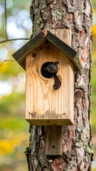 Small creature peering from wooden birdhouse mounted on tree