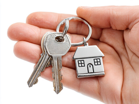 Hand holding house keys with home keychain