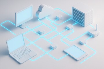 Cloud Computing Network: A conceptual depiction of a cloud computing network, illustrating interconnected devices and data flow. It's a clean, modern design.