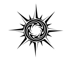 A striking black and white tribal-style design featuring a central swirling vortex encircled by sharp, radiating spikes, evoking a sense of powerful energy and mystique