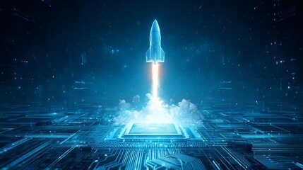 Futuristic rocket blasts off from glowing circuit board, symbolizing technological innovation and rapid progress in digital space