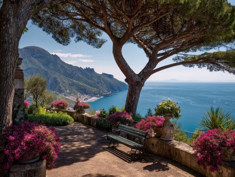 Breathtaking Amalfi Coast: Scenic Views from Villa Rufolo Gardens in Ravello, Campania - A Summer Escape Among Nature and Blue Skies
