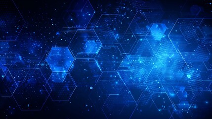 Stunning blue digital network with glowing hexagons and particles, perfect for tech innovation and data visualization