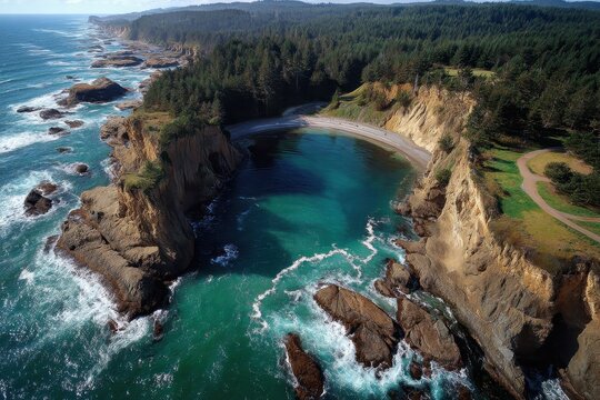 Aerial View of Serene Cove near Cape Arago State Park, Coos Bay, Oregon with Stunning Blue Waters and Majestic Cliffs Along the Coastline