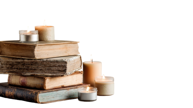 Stack of old books with burning candle, warm reading atmosphere and vintage study decor isolated on white background