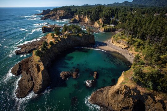 Aerial View of the Serene Cove at Cape Arago State Park, Coos Bay, Oregon - Coastal Beauty with Cliffs and Blue Waters
