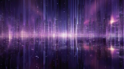 Dazzling futuristic cityscape at twilight with vibrant purple lights reflecting on water, creating a mesmerizing digital dreamscape