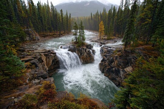 Majestic Sunwapta Falls: A Cascading Waterfall in Jasper National Park Surrounded by Lush Forest and Rocky Landscape
