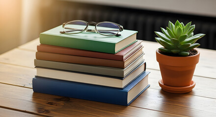 A stack of books with glasses on top and a potted succulent on a wooden table surface indoors