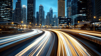 Fototapeta premium Cinematic light trails curve through vibrant downtown skyline at dusk, showcasing urban energy
