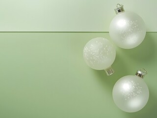Silver ornaments on sage green panels, modern holiday backdrop