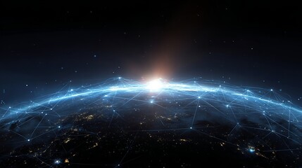 Obraz premium Global network connections illuminate Earth's horizon with sunrise symbolizing future innovation and digital expansion