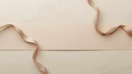 Neutral gift‑wrap seam with looping ribbon on beige paper, minimal texture