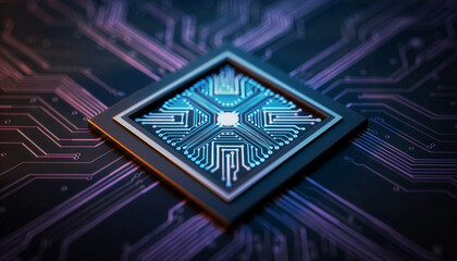 Closeup of a glowing CPU processor, concept of AI and computer technology﻿