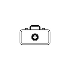 A minimalist line drawing of a first aid kit with a prominent plus sign, handle, and rectangular shape.