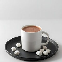 Minimal cocoa mug with marshmallows, soft studio light and empty space