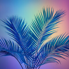 Tropical and palm leaves are depicted in a vibrant, bold gradient of holographic neon colors, forming a concept art image that embodies minimal surrealism as the background.