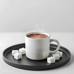 hot cocoa with marshmallows on black saucer, cozy winter mug