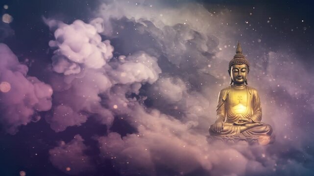 Golden buddha statue meditating on magical clouds in a starry night sky. Buddhism spiritual peace journey with cosmic light footage.