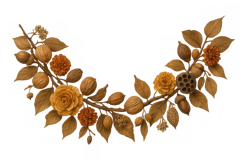 Autumn garland with a decorative arrangement of fall elements, including nuts, flowers, and leaves, on a transparent background