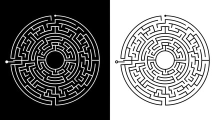 Two contrasting circular mazes one white on black the other black on white