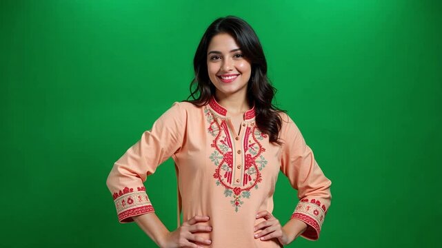 Confident Indian woman in modern kurti smiles directly at camera, hands on hips, presenting professional, vibrant energy against a clean green screen backdrop.
