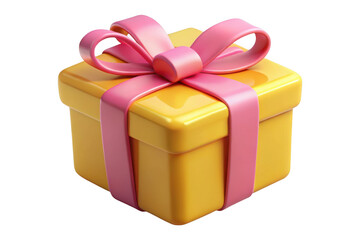 Obraz premium Yellow gift box with pink ribbon present celebration birthday holiday surprise party object icon graphic isolated on transparent background